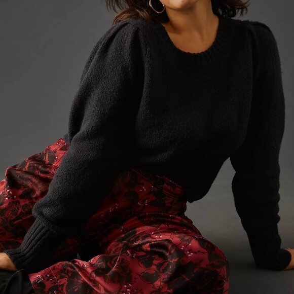 Anthropologie Crewneck Puff Sleeve Sweater Black NWT - 1X - Picture 3 of 7